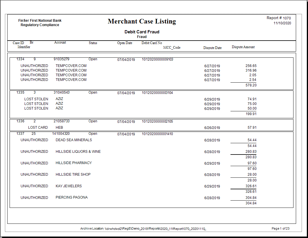 Regulation E Back Office > Regulation E > Reporting > Merchant ...