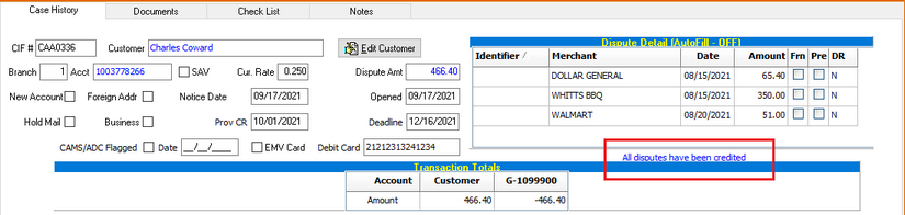 Regulation E Back Office > Regulation E > Cases > Edit Case > Sample ...